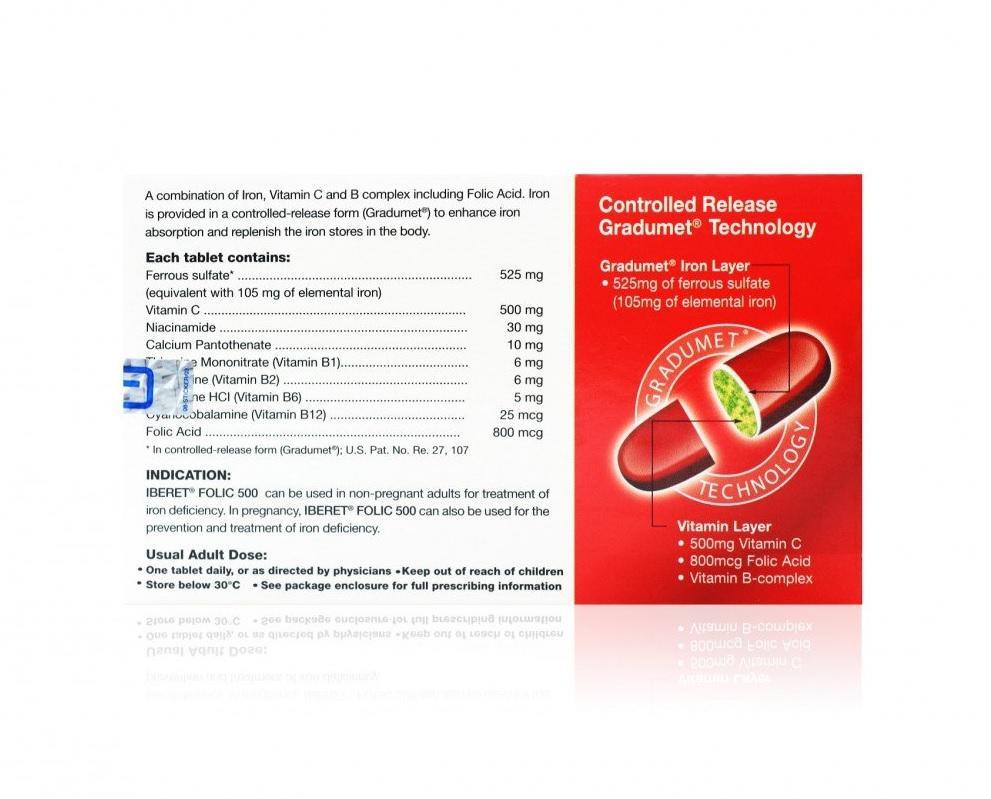 Iberet Folic 500 30 Tablet ( Vit B + Folic Acid) folic acid- iRFA.COM
